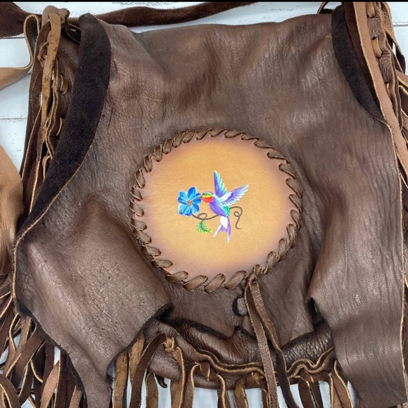 Signed Handcrafted native american leather fringe bag painted hummingbird OOaK - Picture 2 of 12
